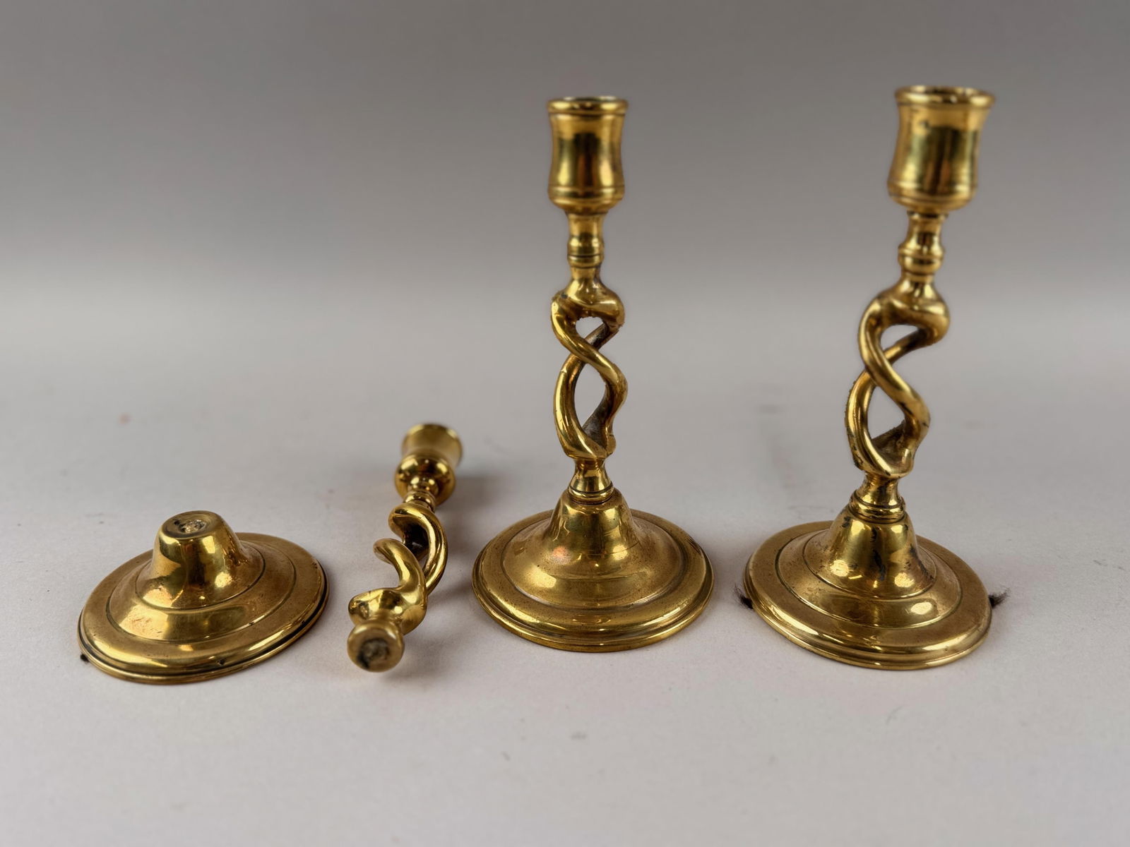 THREE EARLY BRASS CANDLESTICKS Late 18th/Early 19th Century Heights approx. 6.5". (1 of 2)