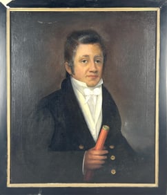 AMERICAN SCHOOL (19th Century,), Portrait of a man holding a telescope., Oil on canvas, 30" x 25".