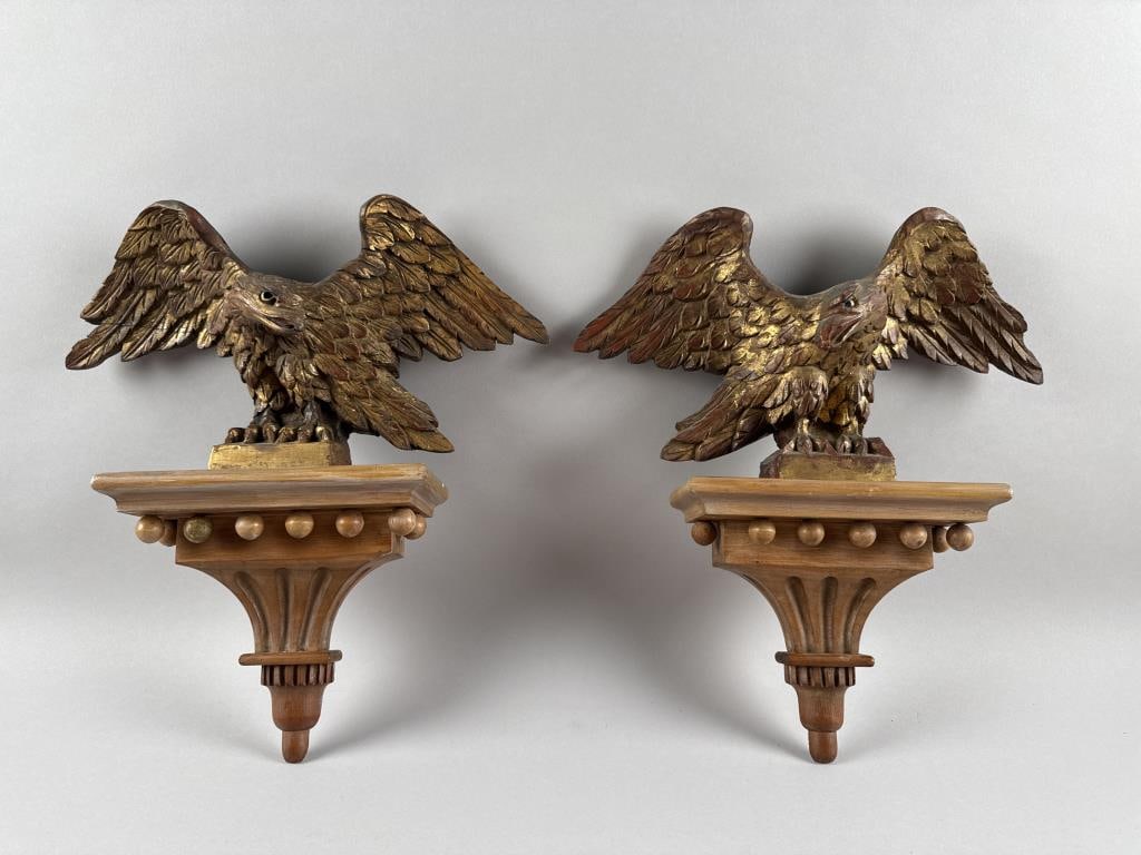 PAIR OF FEDERAL-STYLE CARVED AND GILDED EAGLE WALL BRACKETS 20th Century Heights 16". Widths 15". (1 of 3)