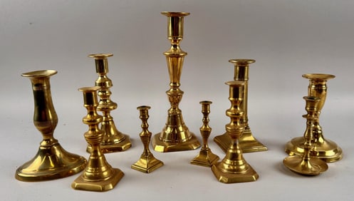 TEN BRASS CANDLESTICKS 19th Century Heights from 3.75" to 9".
