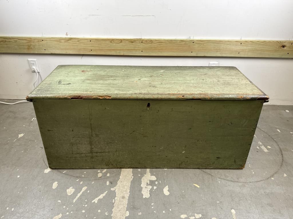 GREEN PAINTED BLANKET CHEST 19th Century Height 20". Width 50". Depth 18". (1 of 2)