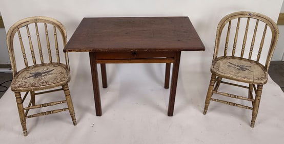 TABLE AND TWO CHAIRS 19th Century Table height 27.75". Width 36". Depth 26.5". Chair back heights