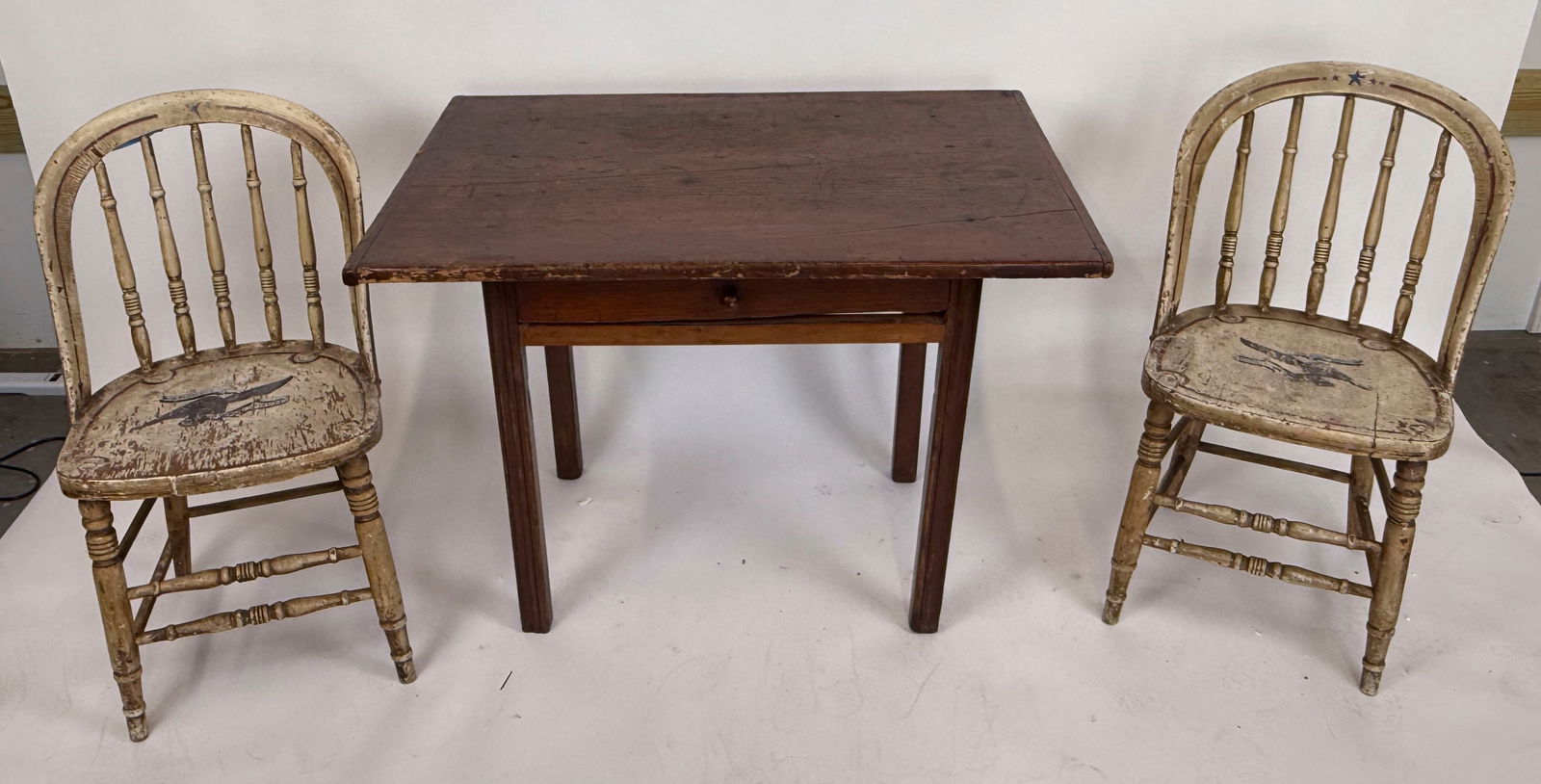 TABLE AND TWO CHAIRS 19th Century Table height 27.75". Width 36". Depth 26.5". Chair back heights (1 of 7)