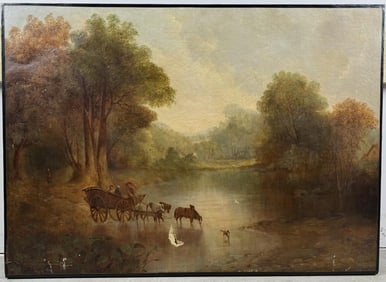 AMERICAN SCHOOL (19th Century,), Figures and a wagon fording a creek., Oil on canvas, 26" x 36".