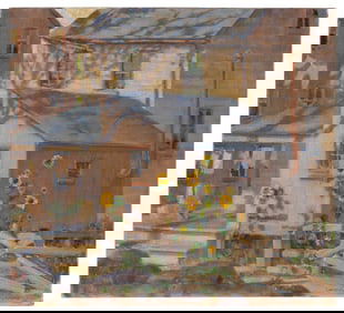 CHARLES HENRY DROGKAMP (California/Illinois, 1884-1958), Sunflowers by the porch., Oil on canvas,