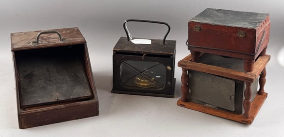 FOUR WOOD AND TIN FOOT WARMERS AND HEATERS 19th/Early 20th Century Heights to 10". Widths to 9".