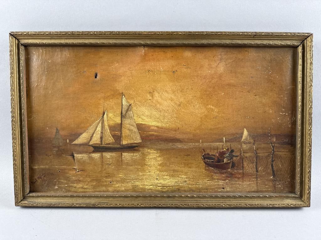 AMERICAN SCHOOL (19th Century,), Net fishing at sunset., Oil on canvas, 9" x 16". Framed 10" x 17".: AMERICAN SCHOOL 19th Century Net fishing at sunset. Signed illegibly lower left. Oil on canvas, 9" x 16". Framed 10" x 17". Provenance: The Estate of Jim Lyons, Massachusetts.