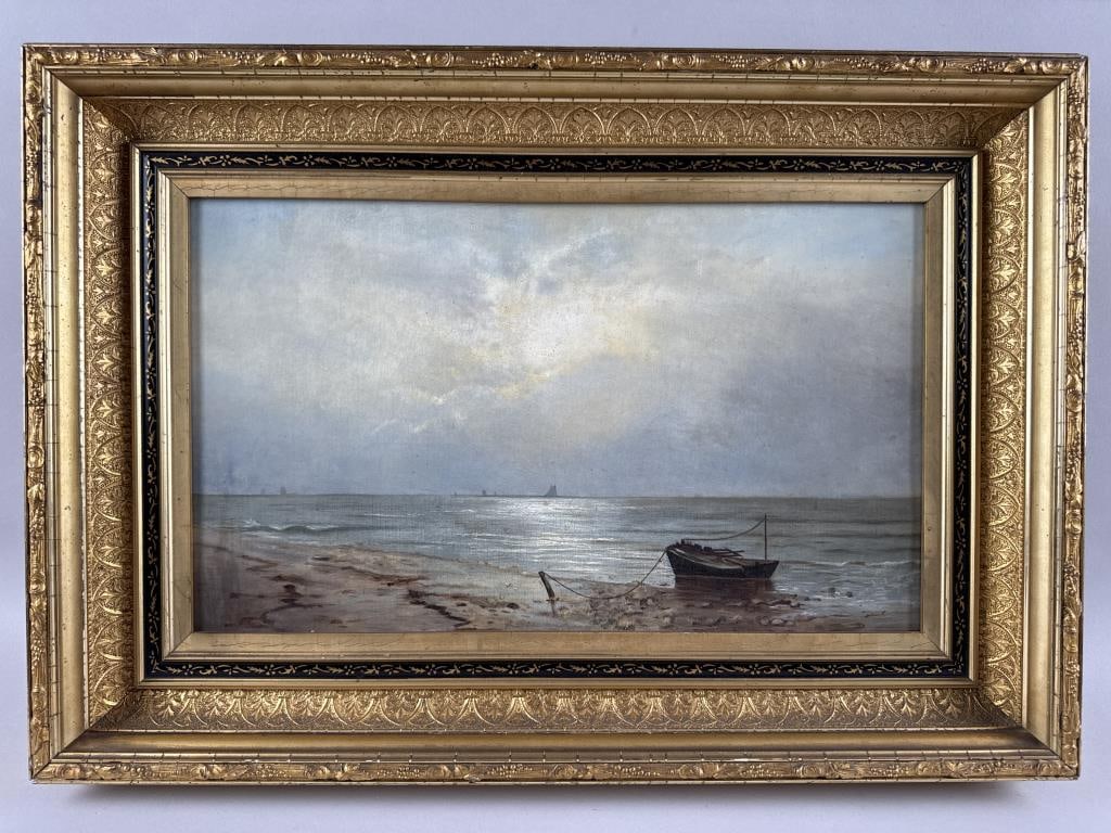AMERICAN SCHOOL (19th Century,), Seascape with distant sailboat and beached boat., Oil on canvas, (1 of 2)