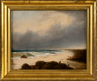 AMERICAN SCHOOL (19th Century,), Shore scene., Oil on board, 11" x 14". Framed 14" x 17".