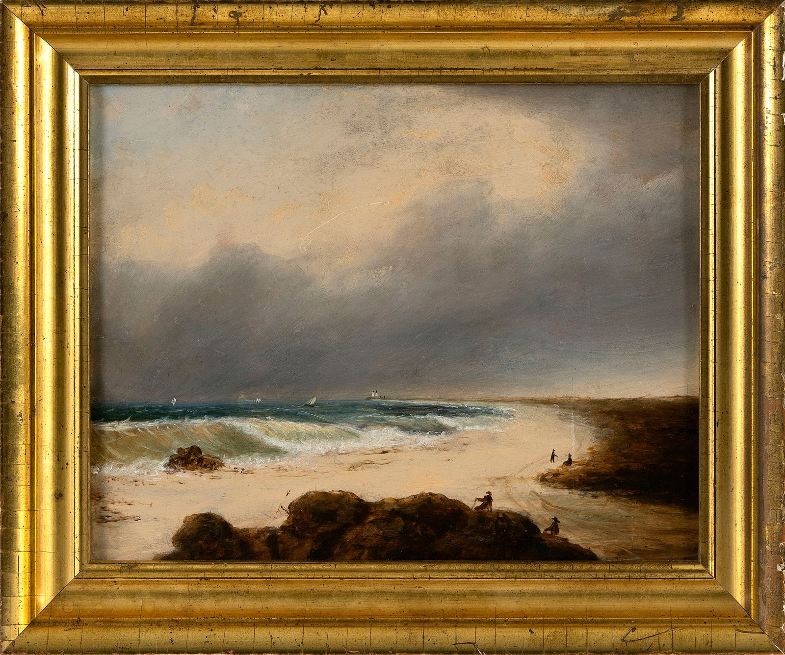 AMERICAN SCHOOL (19th Century,), Shore scene., Oil on board, 11" x 14". Framed 14" x 17". (1 of 2)