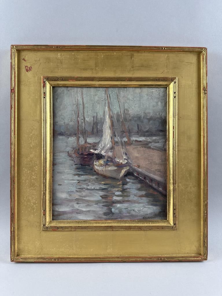 ATTRIBUTED TO EDWIN FRANK SCOTT (New York/France, 1863-929), Boats at a pier., Oil on board, 11.25" (1 of 2)