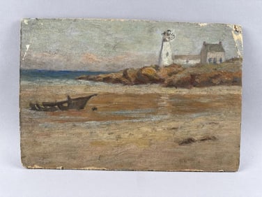 EMMETT D. HEES (New York, Early 20th Century), Shore scene with lighthouse., Oil on board, 10" x
