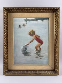 SAM BROWN (Early 20th Century,), Young girl playing in the sea., Oil on canvas, 14.25" x 18.25".