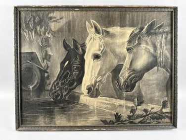 G.E. NICHOLS (19th Century,), Three horses at a trough., Charcoal on paper, 18" x 24.5" sight.