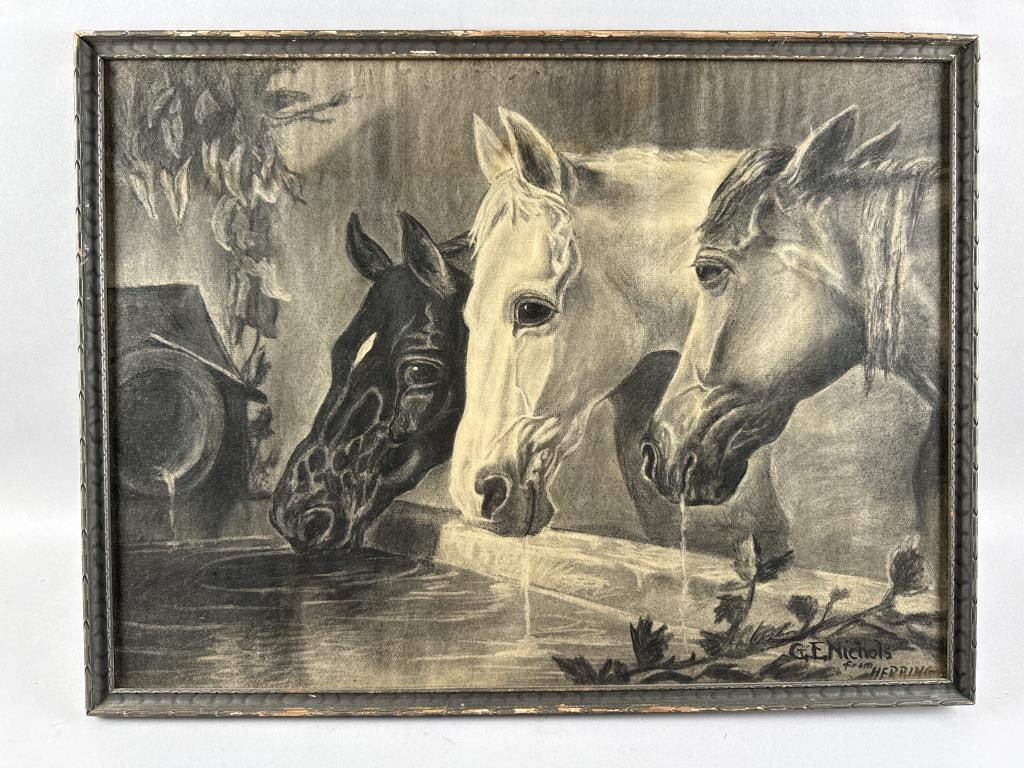 G.E. NICHOLS (19th Century,), Three horses at a trough., Charcoal on paper, 18" x 24.5" sight.: G.E. NICHOLS 19th Century Three horses at a trough. After the original work by John Frederick Herring. Signed lower right "G.E. Nichols from Herring". Charcoal on paper, 18" x 24.5" sight. Framed 19.5