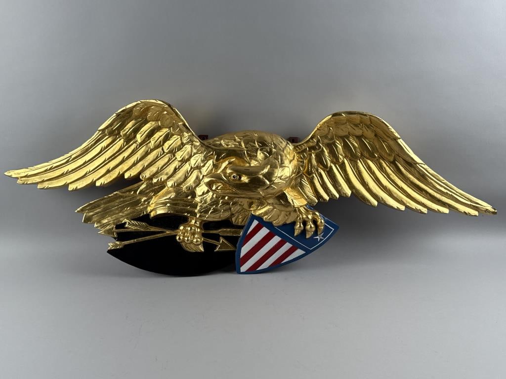 CARVED AND GILDED EAGLE PLAQUE 20th Century Length 43". (1 of 2)