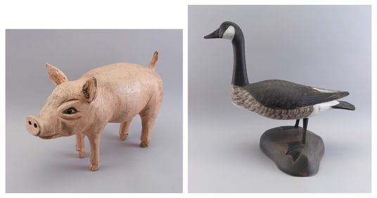 TWO FOLK ART ANIMAL CARVINGS 20th Century Lengths 22" and 27".