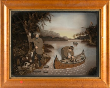 UNUSUAL SHADOW BOX DIORAMA OF HUNTERS 19th Century Frame 24" x 30".