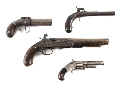 FOUR ANTIQUE PISTOLS 19th Century Lengths from 7.5" to 14".