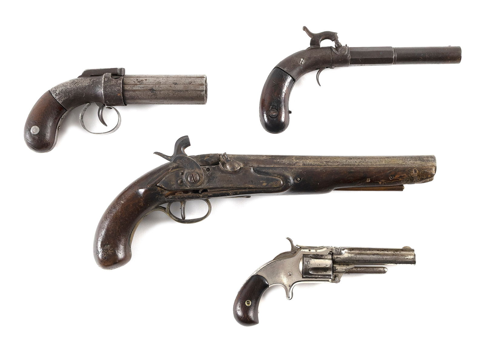 FOUR ANTIQUE PISTOLS 19th Century Lengths from 7.5" to 14".: FOUR ANTIQUE PISTOLS19th CenturyAn Allen pepperbox, an Allen single-shot pistol, a Smith & Wesson spur trigger revolver and an H. Nock percussion pistol.Lengths from 7.5" to 14".