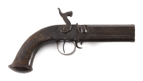J. TURNER OVER-UNDER PERCUSSION PISTOL 19th Century Length of barrels 4". Total length 7".
