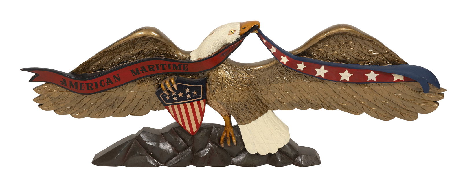 LARGE CARVED GILT AND POLYCHROMED EAGLE PLAQUE 20th Century Height 22". Width 60". (1 of 2)