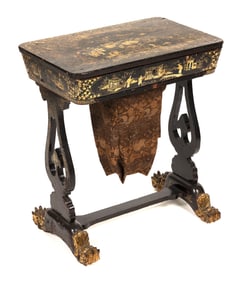CHINESE EXPORT BLACK LACQUER SEWING STAND 19th Century Height 28". Width 24". Depth 16".