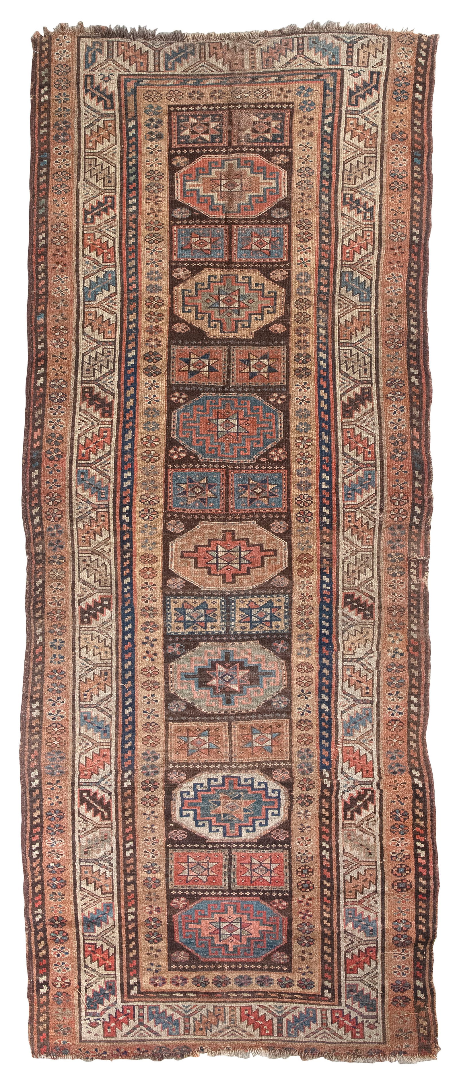 NORTHWEST PERSIAN RUG: 3'4" X 8'6" Late 19th/Early 20th Century: NORTHWEST PERSIAN RUG: 3'4" X 8'6" Late 19th/Early 20th Century Octagonal and rectangular medallions containing central stars, all rendered in mellow shades of red, blue, green, yellow, ivory and pink