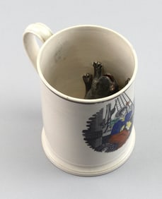 BRITISH PEARLWARE FROG MUG WITH SCARCE TRANSFER OF A SAILOR, Circa 1800 Height 5".
