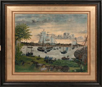 FOLK ART PAINTING OF SALEM HARBOR 19th Century Oil on canvas laid down on masonite, 29" x 35".