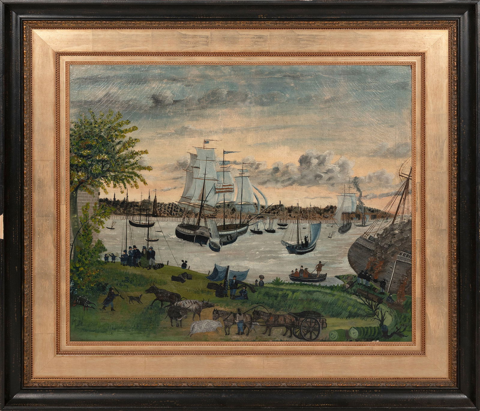 FOLK ART PAINTING OF SALEM HARBOR 19th Century Oil on canvas laid down on masonite, 29" x 35". (1 of 2)