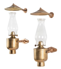 SUBSTANTIAL PAIR OF BRASS GIMBALED OIL LAMPS WITH SMOKE BELLS 19th Century Lamp diameters approx.
