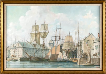 JOE HUNT (America, 1912-1999), "Boston Harbor Circa 1830"., Oil on panel, 20" x 29.5". Framed 23" x