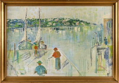 ALFRED BIRDSEY (Bermuda, 1912-1996), Dock scene with figures., Oil on canvas, 24" x 36". Framed 28"