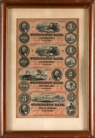 UNCUT SHEET OF STONINGTON BANK NOTES 19th Century 12" x 7.25" sight. Framed 16.75" x 11.5".