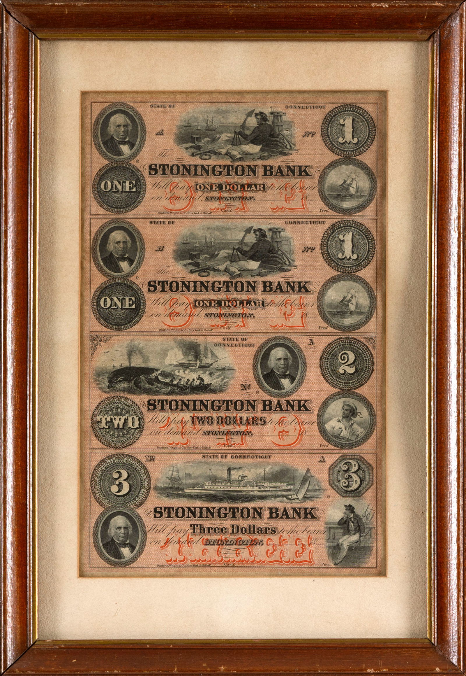 UNCUT SHEET OF STONINGTON BANK NOTES 19th Century 12" x 7.25" sight. Framed 16.75" x 11.5".: UNCUT SHEET OF STONINGTON BANK NOTES19th CenturySheet includes two One Dollar, one Two Dollar and one Three Dollar. Bills with red tinted surface and whaling/marine scenes.12" x 7.25" sight. Framed 16