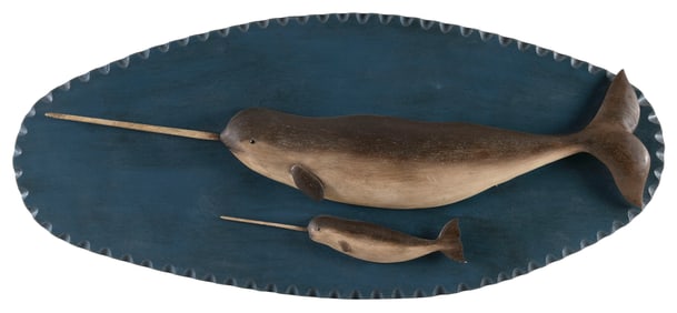ROGER MITCHELL CARVED NARWHAL PLAQUE Massachusetts, Contemporary Length 36".