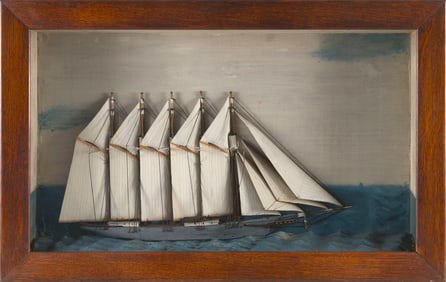 DIORAMA MODEL OF A FIVE-MASTED COASTAL SCHOONER, MADE BY CAPTAIN ISRAEL BAKER, SR. OF CAPE COD Circa
