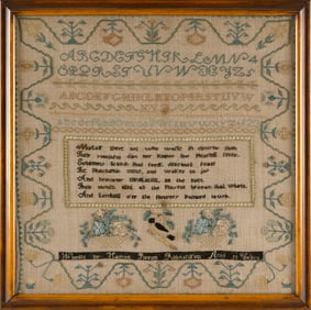 NEEDLEWORK SAMPLER PURCHASED ON NANTUCKET Massachusetts, 19th Century 16.5" x 16.5" sight. Framed