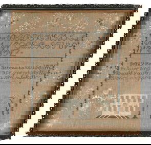 CAPE COD NEEDLEWORK SAMPLER Massachusetts, 19th Century 16" x 16.75" sight. Framed 18" x 19".