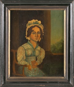 PRIMITIVE PORTRAIT OF A WOMAN HOLDING A BOOK Late 18th/Early 19th Century Oil on board, 10.25" x