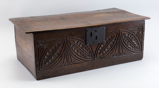 CARVED OAK BIBLE BOX Early 19th Century Height 9". Width 25.5". Depth 13.5".