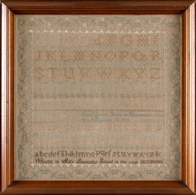 MAINE NEEDLEWORK SAMPLER Dated 1813 15.5" x 15.5" sight. Framed 18.5" x 18.5".