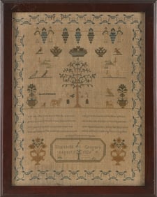 NEEDLEWORK SAMPLER 19th Century 16.75" x 12.75" sight. Framed 15" x 19".