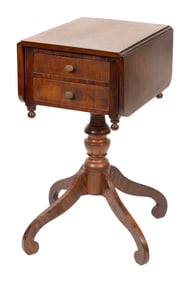 FEDERAL TIGER MAPLE DROP-LEAF TWO-DRAWER STAND 19th Century Height 29". Width with leaves down 14".