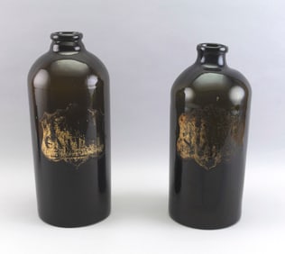 PAIR OF MOSS GREEN GLASS APOTHECARY BOTTLES 19th Century Heights 13.5".