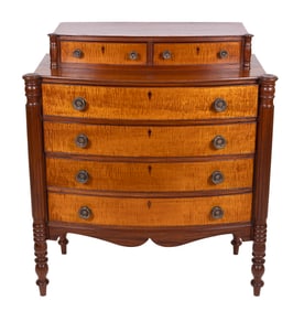 SHERATON MAPLE AND TIGER MAPLE BOWFRONT BUREAU Circa 1820 Height 46". Width 39.5". Depth 20".