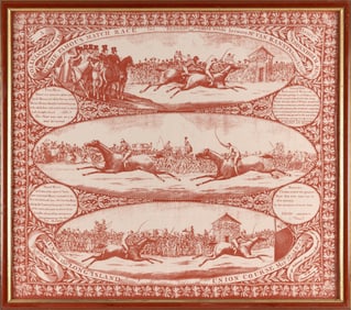 HORSE RACE COMMEMORATIVE KERCHIEF First Quarter of the 19th Century 24.25" x 27.5" sight. Framed