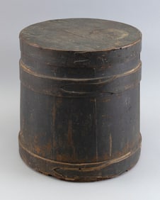 LARGE BLUE-GRAY PAINTED FIRKIN 19th Century Height 14". Diameter 13.5".