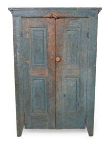 BLUE PAINTED PINE CUPBOARD America, 19th Century Height 60.5". Width 40". Depth 19".